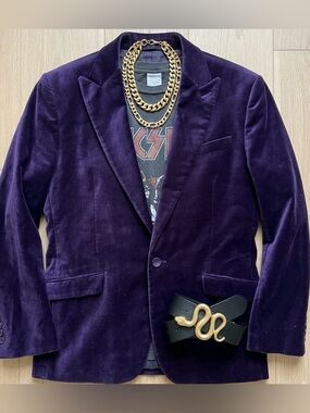 Purple Velvet Blazer Express Jacket Slim Fit 38S Moody Maximalist Formal Dandy